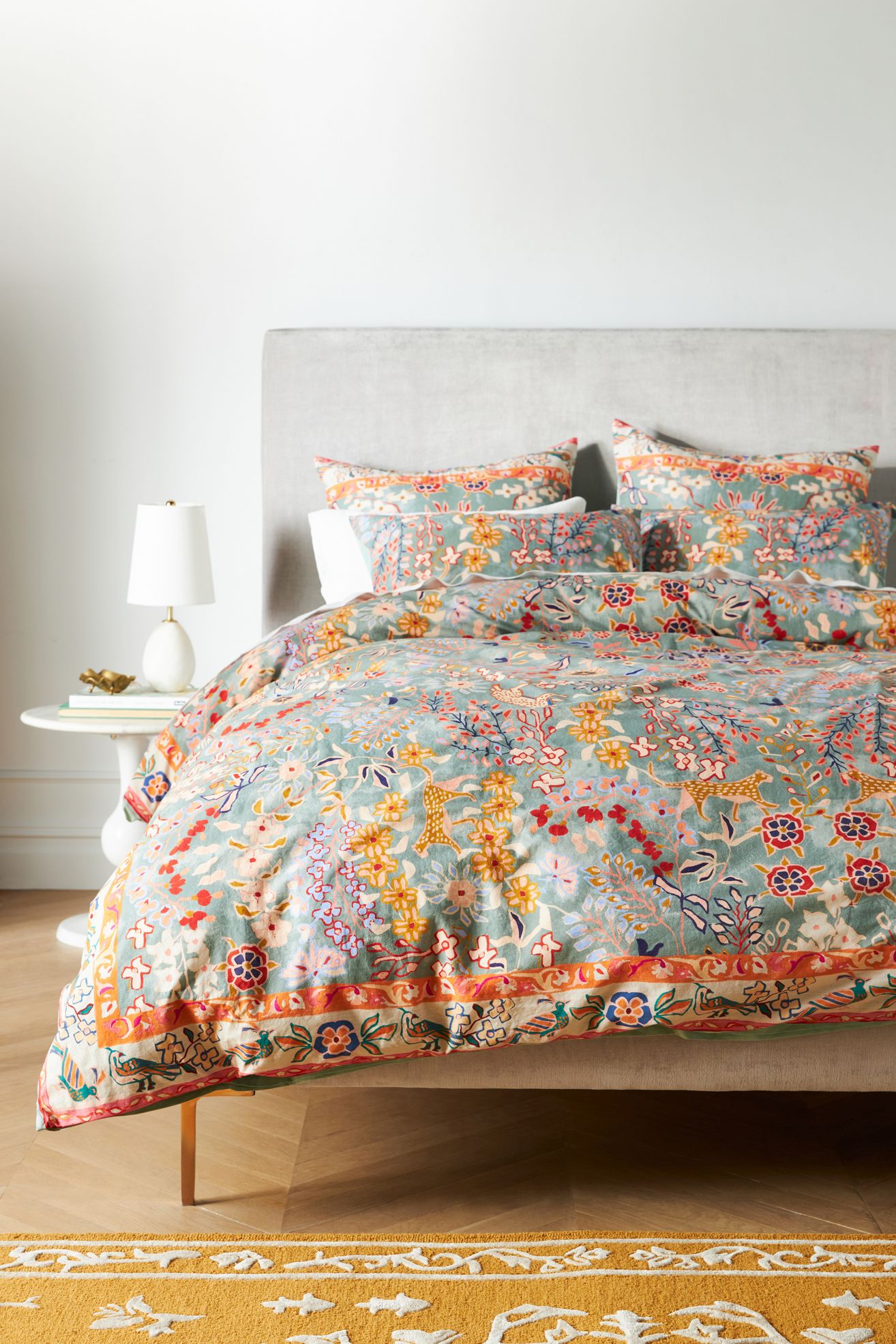 The Printed Cotton-Slub Duvet - Celadon Meadow, Queen