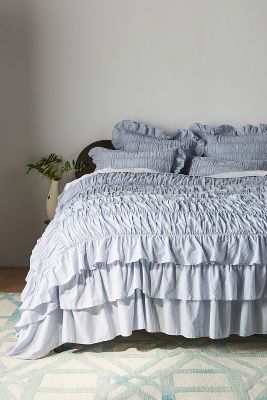 Anthropologie Shyla Ruffled Duvet Cover By  In Blue Size Q Top/bed