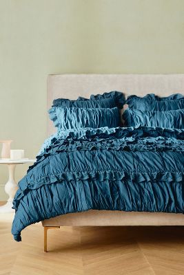 Anthropologie Astride Ruffled Voile Quilt By  In Blue Size Kg Top/bed