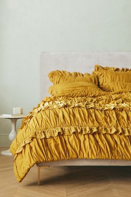 Anthropologie Astride Ruffled Voile Quilt By  In Yellow Size Ca Kng Dvt