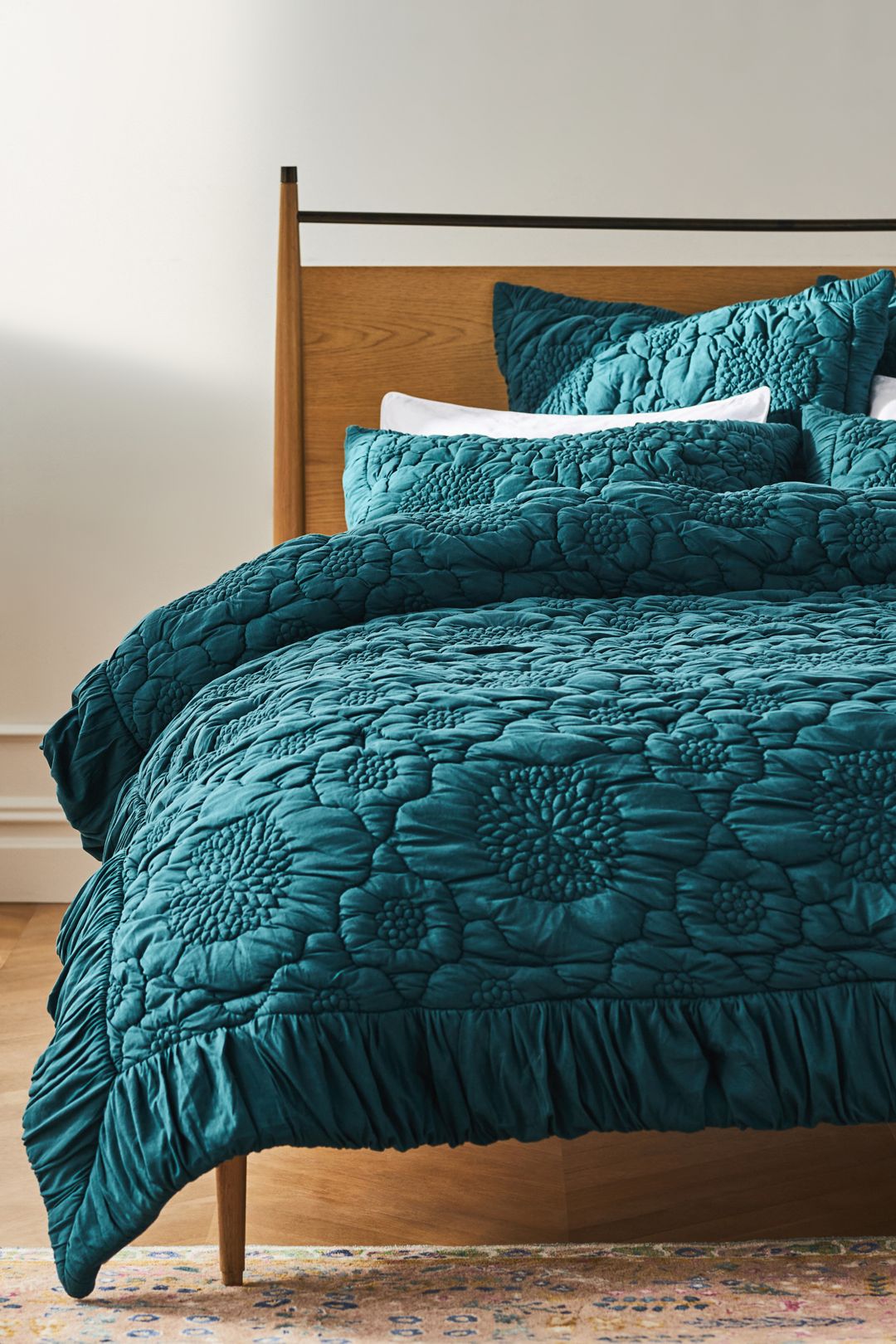 Dahlia 100% Cotton Jersey Floral Quilt - Teal, King