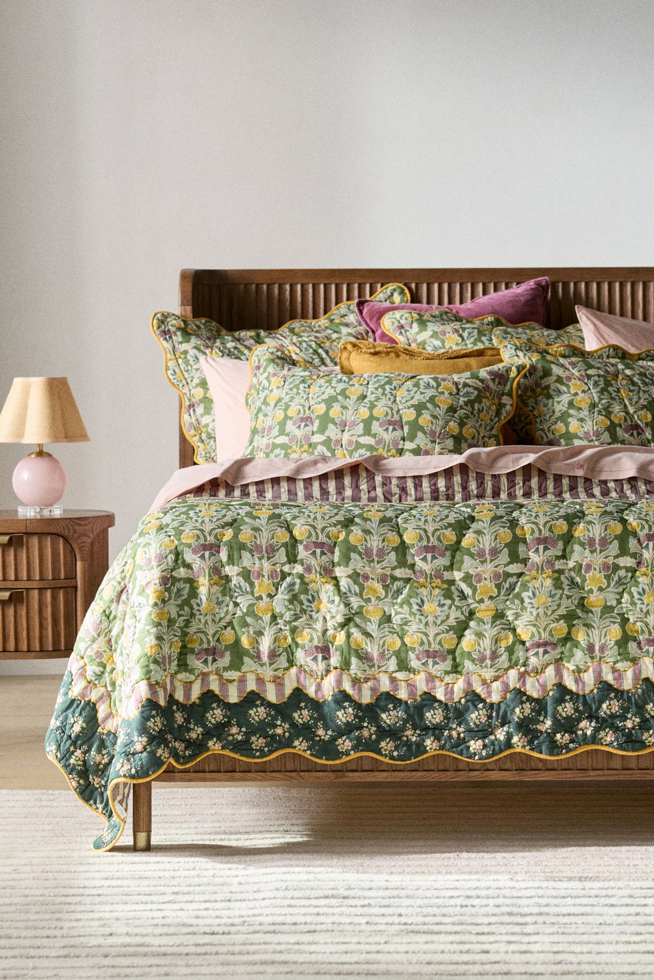 Iluka Cotton Printed Floral Quilt - Green Pattern, Standard, King
