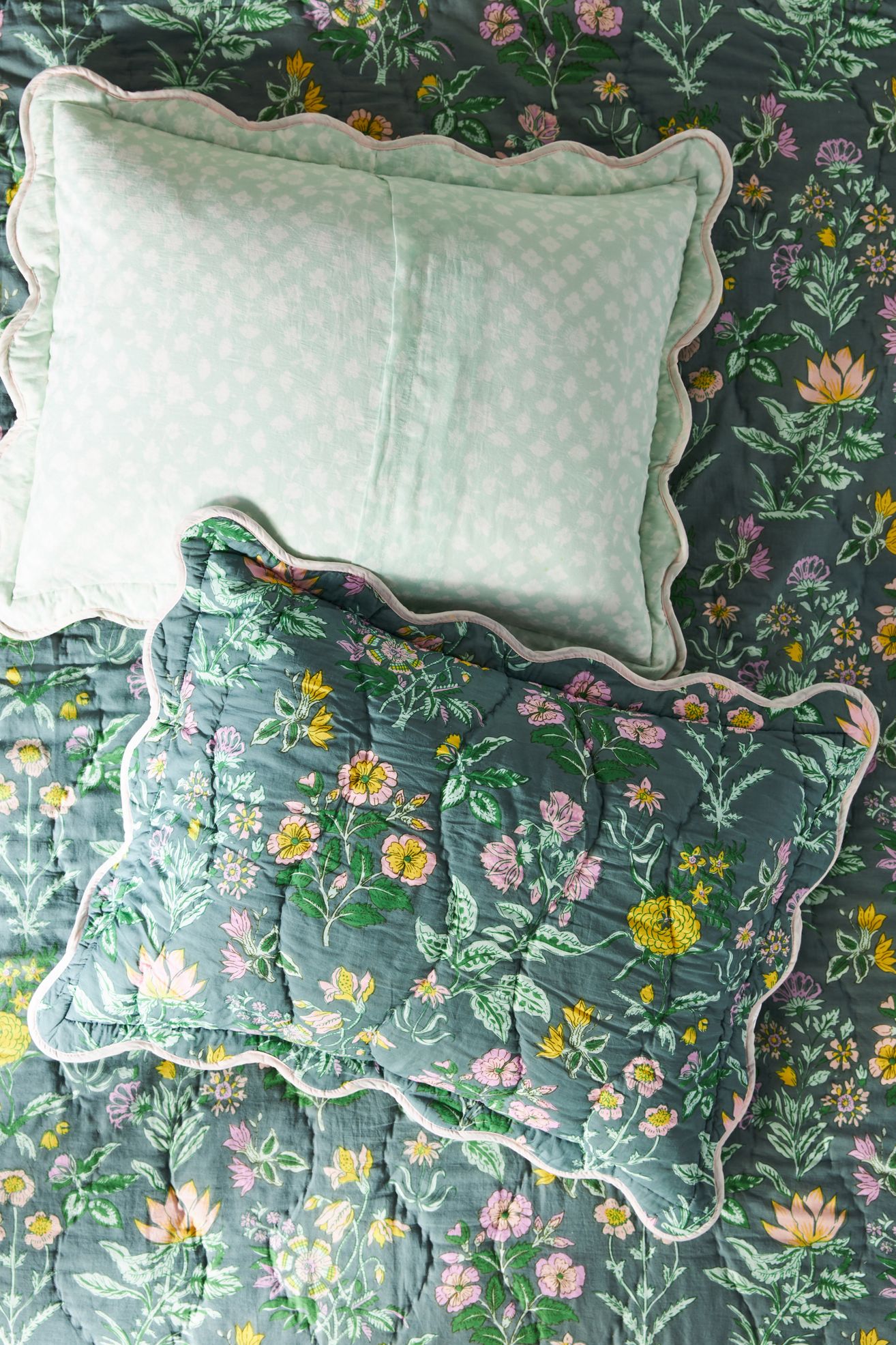 Iluka Cotton Shams, Set of 2 - Green Floral, Standard