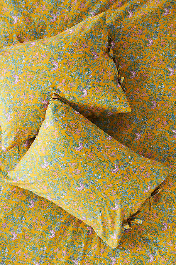 Anthropologie Organic Percale Printed Tie Shams, Set Of 2 In Yellow