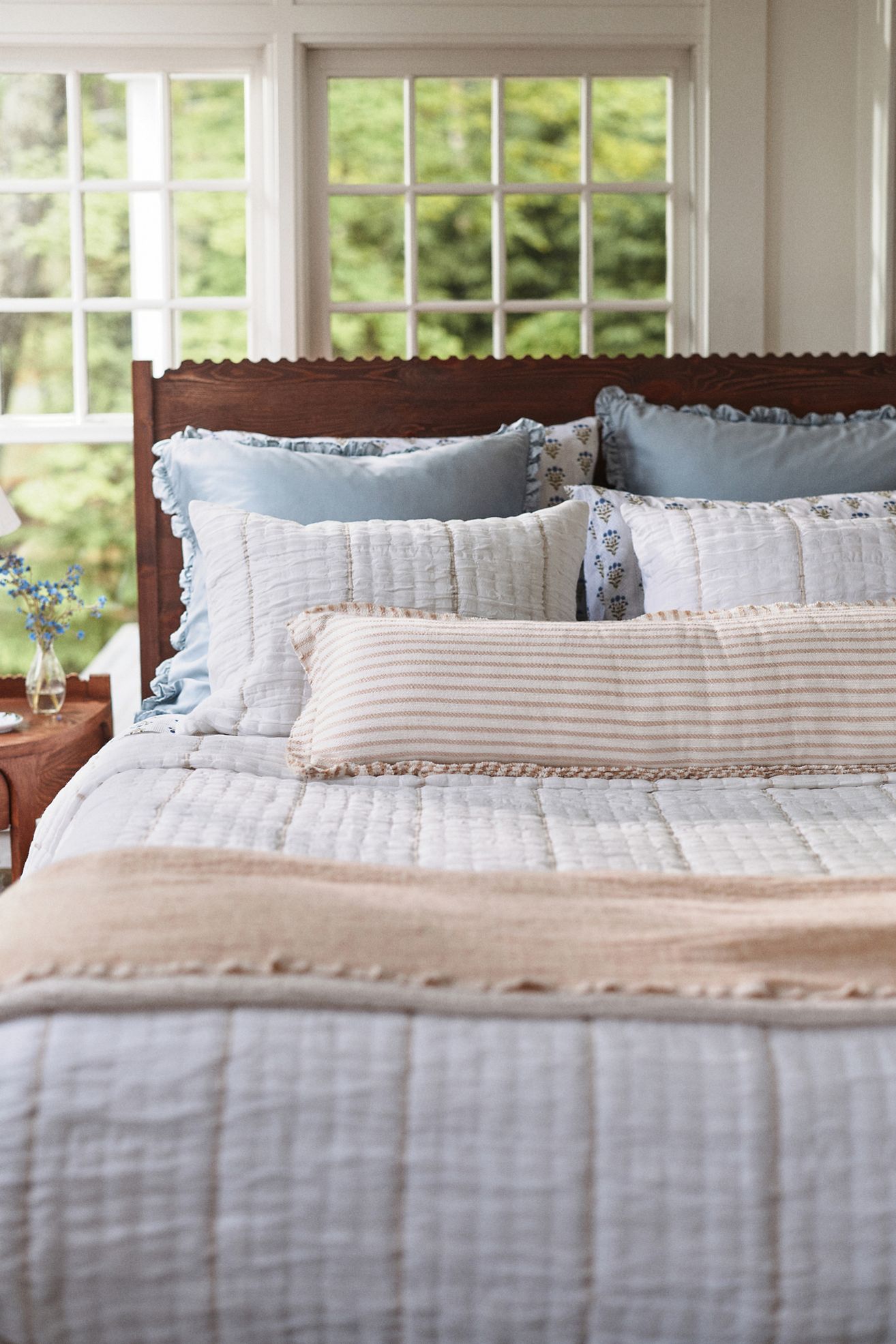 Striped Cotton Gauze Coverlet - White, Standard, King