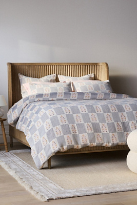Anthropologie Floral Check Woven Cotton Duvet In Blue