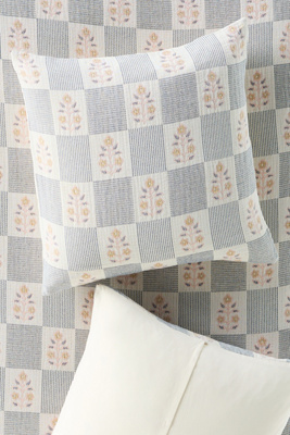 Anthropologie Floral Check Cotton Woven Euro Sham In Gray