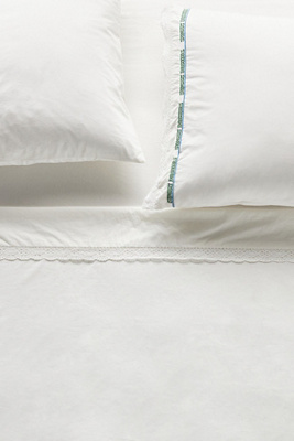 Anthropologie Organic Cotton Percale Embroidered Text Sheet Set In White