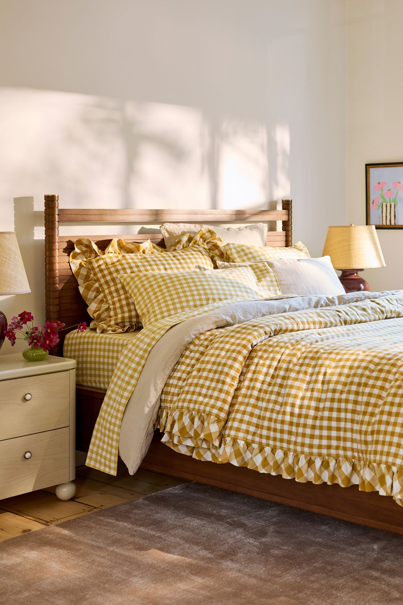 Gingham Ruffle Yarn-Dyed Cotton Quilt - Ochre, King