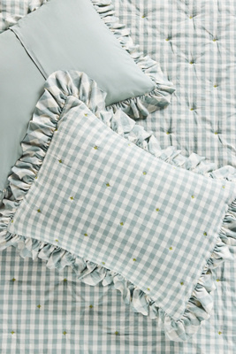 Anthropologie Gingham Ruffle Yarn-dyed Cotton Shams, Set Of 2 In Green