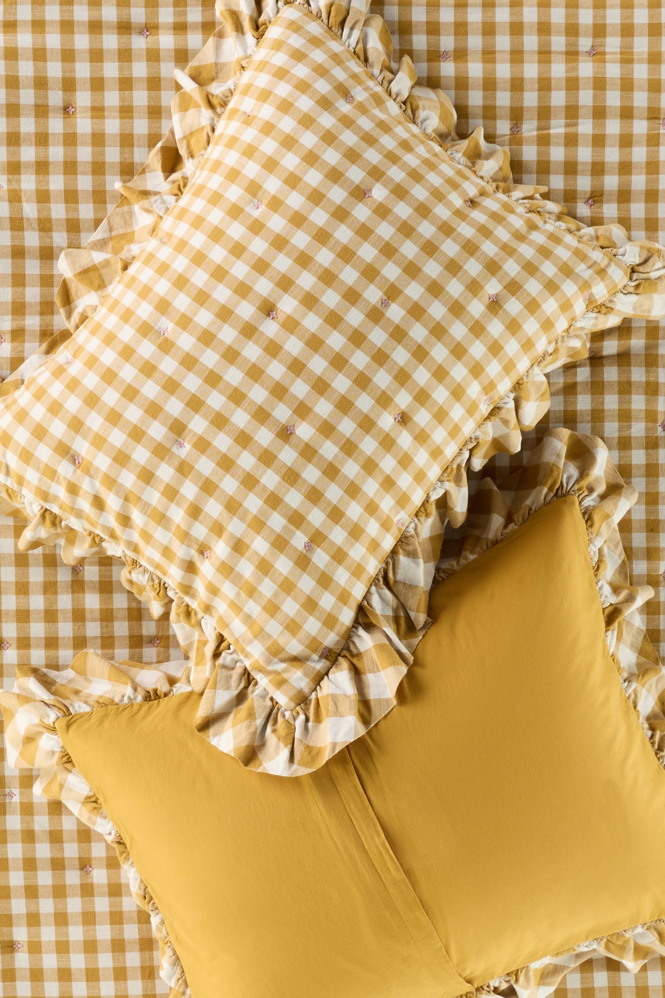 Gingham Ruffle Yarn-Dyed Cotton Shams, Set of 2 - Ochre, King Sham, Set of 2