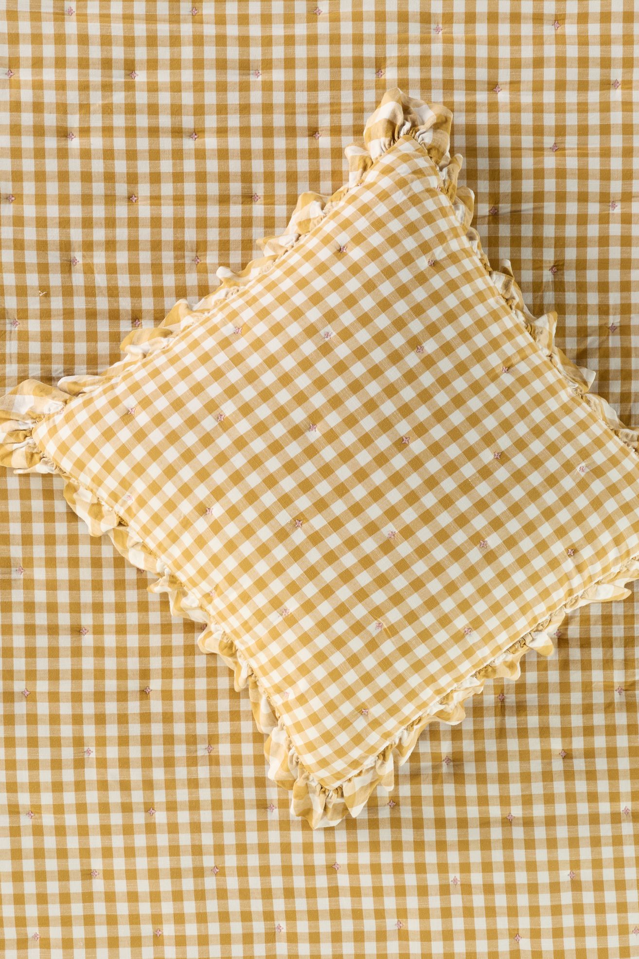 Gingham Ruffle Yarn-Dyed Cotton Euro Sham - Ochre, Euro Sham