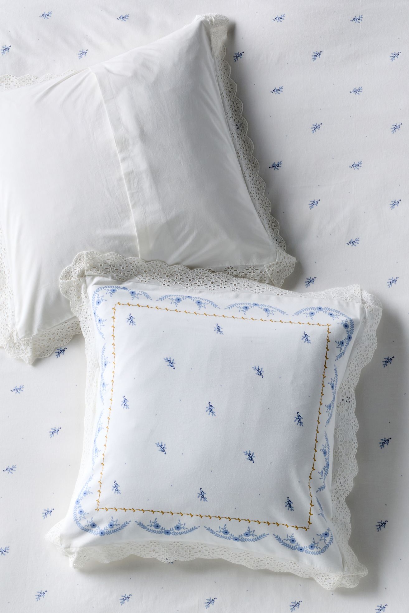 Ophelia Cotton Printed Lace Trim Floral Euro Sham - Ivory, Euro Sham