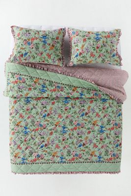Cotton Voile Floral Printed Ruffle Quilted Bedspread