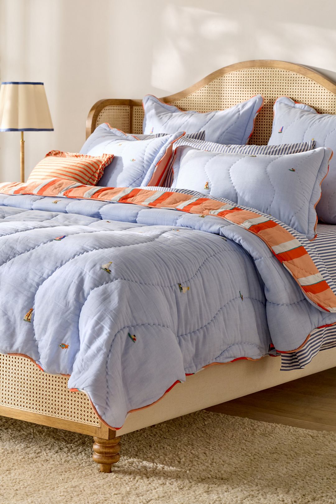 Annika Cotton Sailor Embroidered Quilt - Blue, Queen