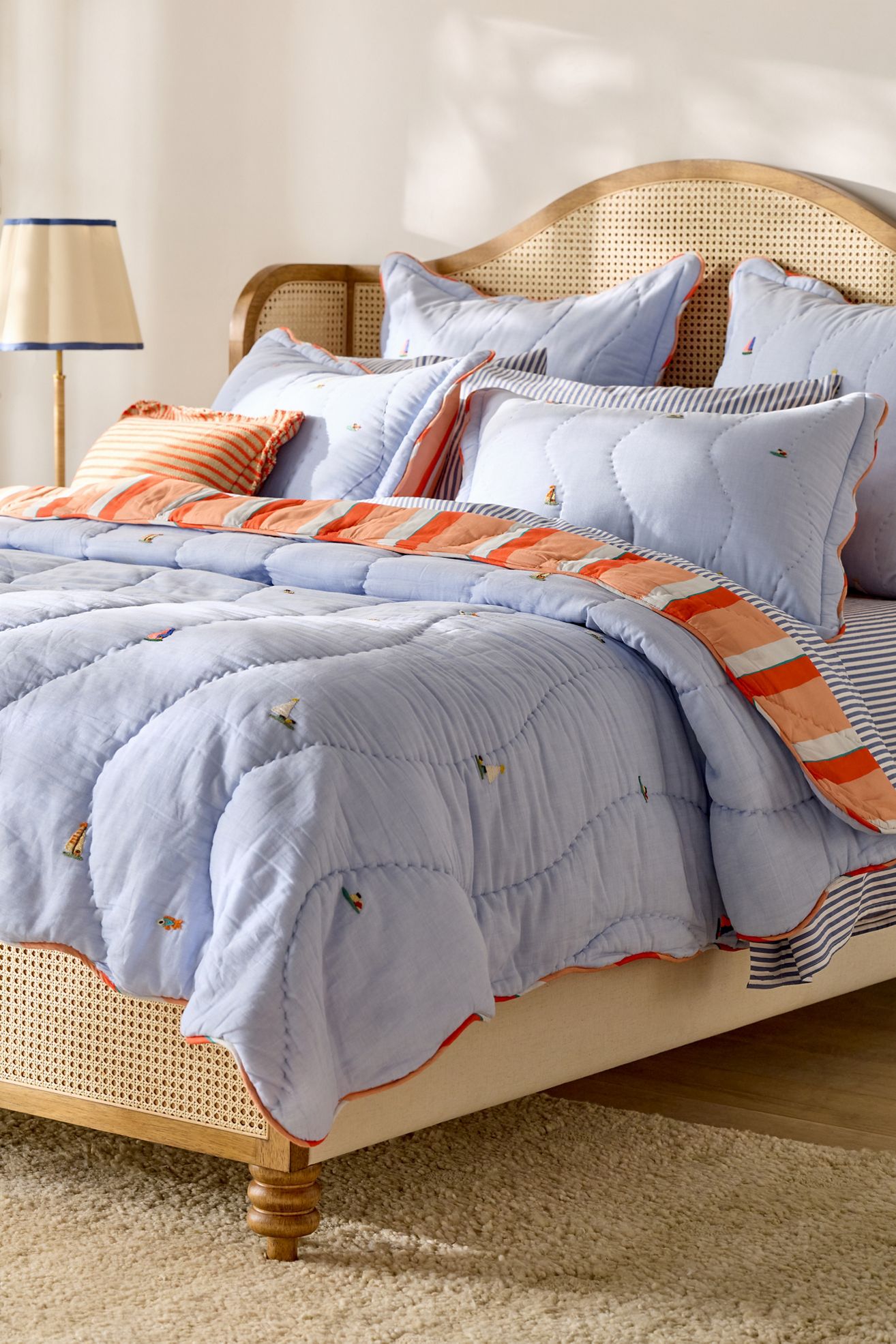 Annika Cotton Sailor Embroidered Quilt - Blue, King