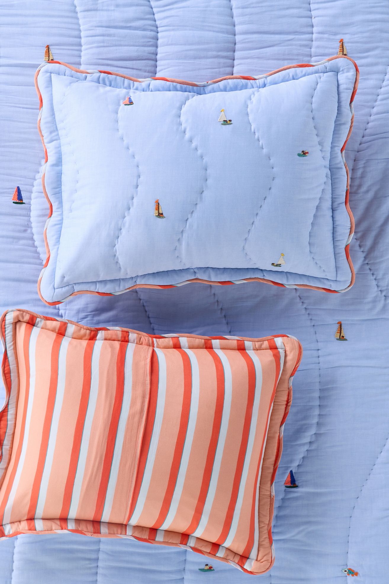 Annika Cotton Sailor Embroidered Shams, Set of 2 - Blue, King Sham, Set of 2