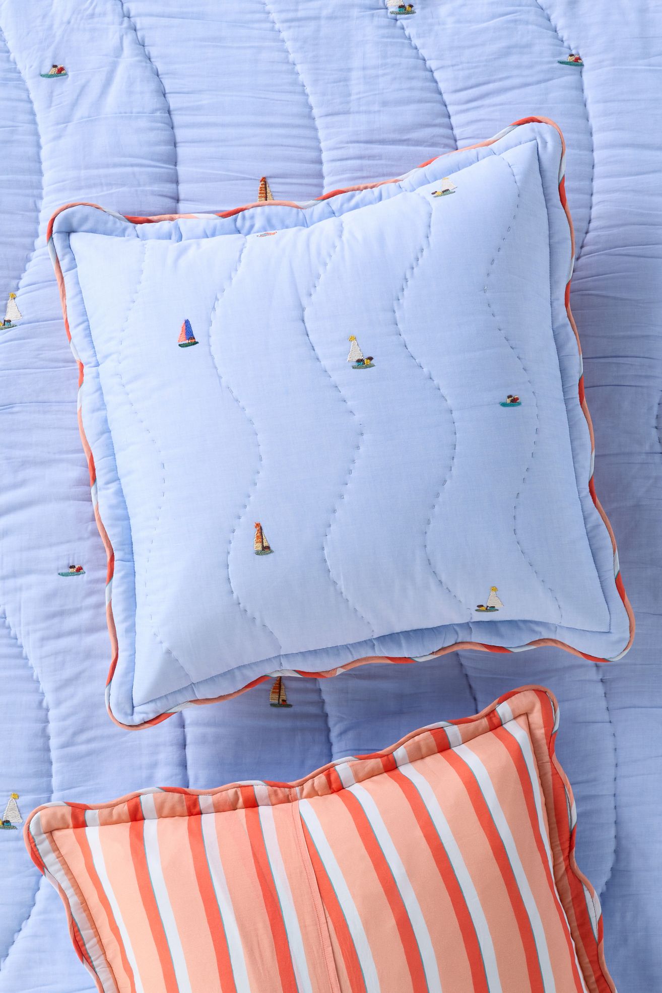 Annika Cotton Sailor Embroidered Euro Sham - Blue, Euro Sham