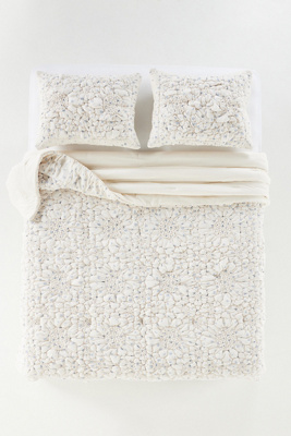 Anthropologie Dahlia Cotton Voile Floral Printed Textured Quilt In White