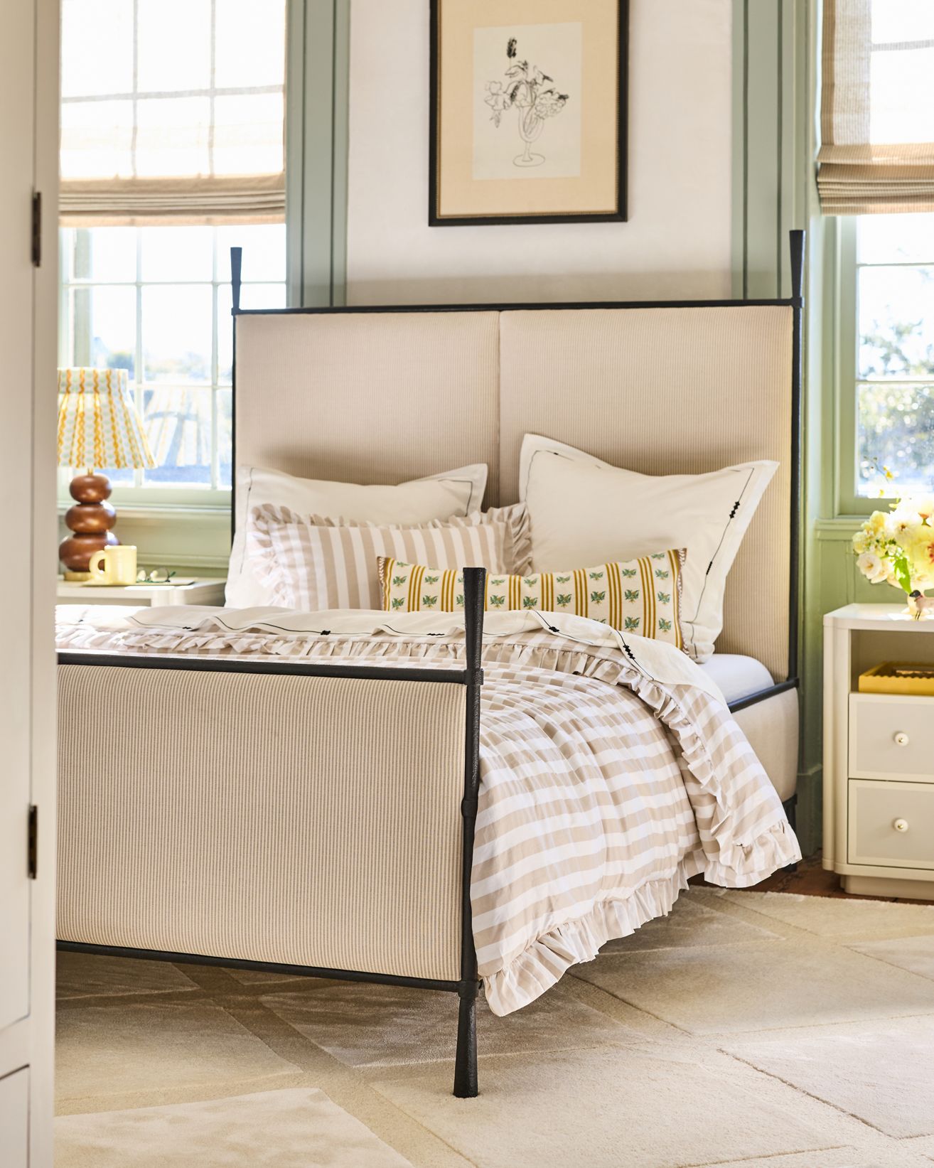 Maeve Cotton Striped Ruffle Printed Duvet Cover - Neutral, King