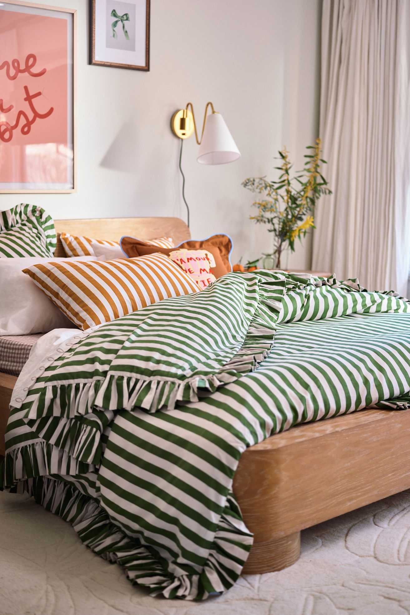 Maeve Cotton Striped Ruffle Printed Duvet Cover - Green/Ivory, Queen