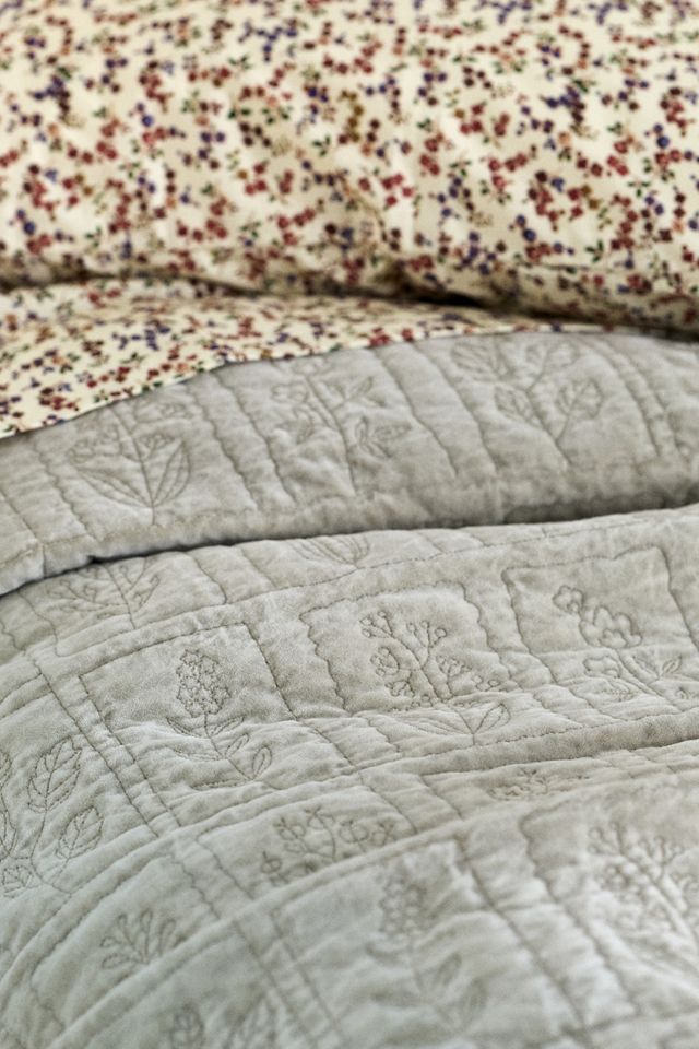 Botanical Cotton Velvet Floral Embroidered Coverlet #1