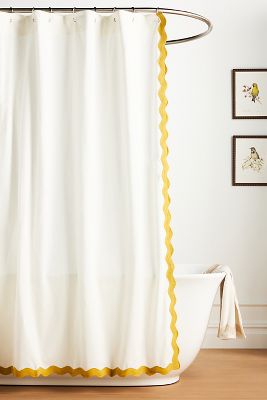 Maeve By Anthropologie Embroidered Scalloped Cotton Shower Curtain In Yellow