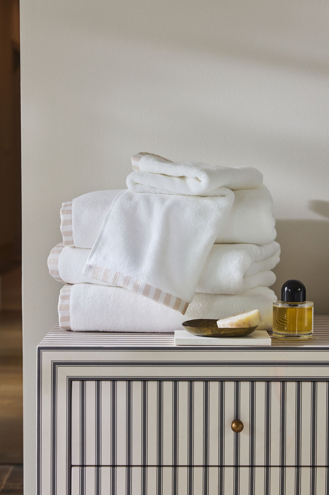 The Sloane Stripe Trim Soft Cotton Towel Collection - White, Standard, Bath Sheet