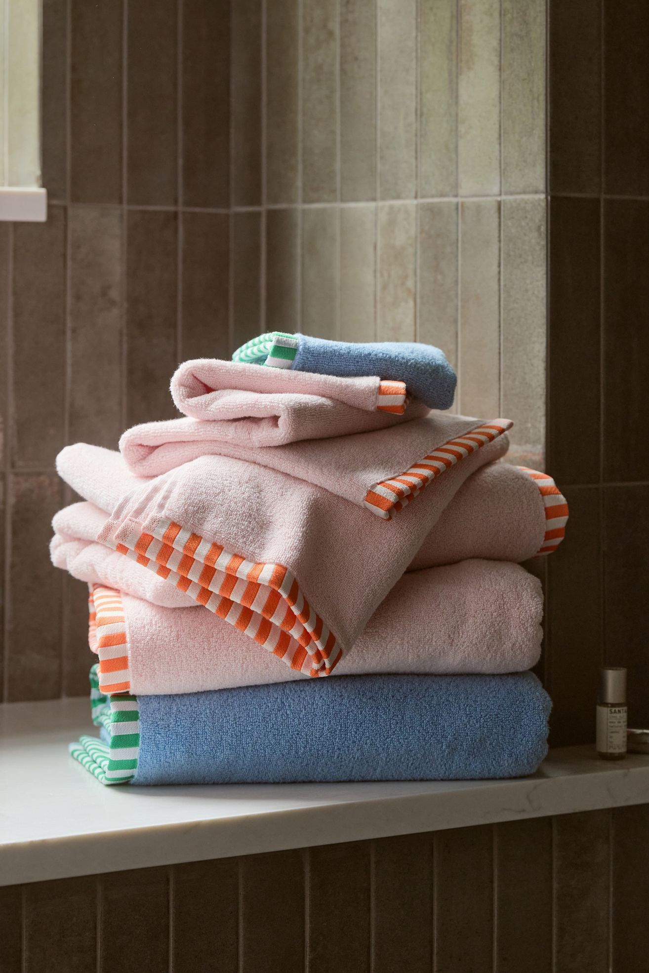 The Sloane Stripe Trim Soft Cotton Towel Collection - Blue, Standard, Set of 2 Washcloths