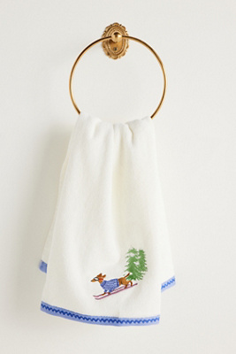 Anthropologie Holiday Critters Embroidered Hand Towel In White