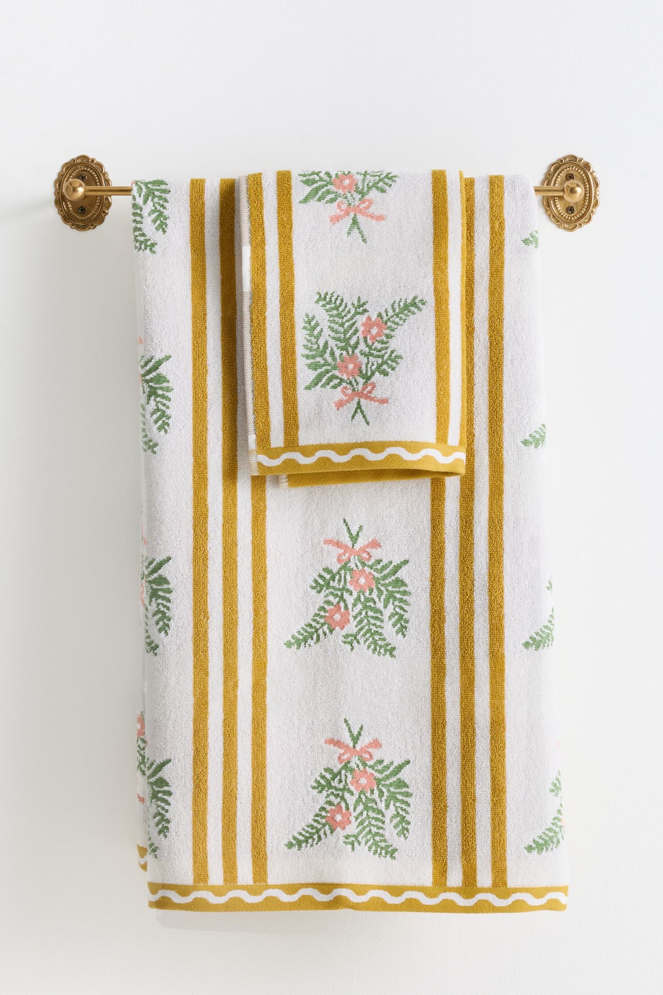 Tess Cotton Woven Floral Towel Collection - Ochre Stripe, Standard, Bath Towel