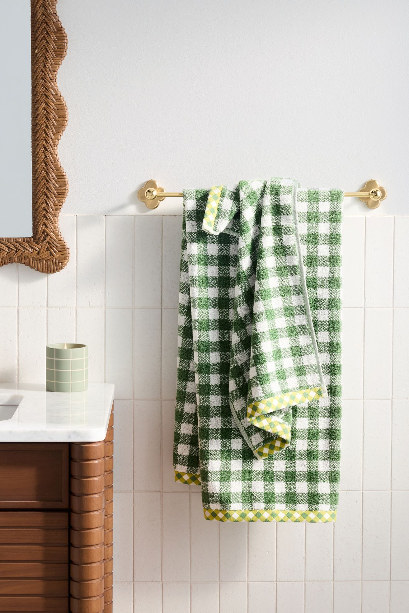 Gingham Cotton Woven Towel Collection - Green, Bath Towel