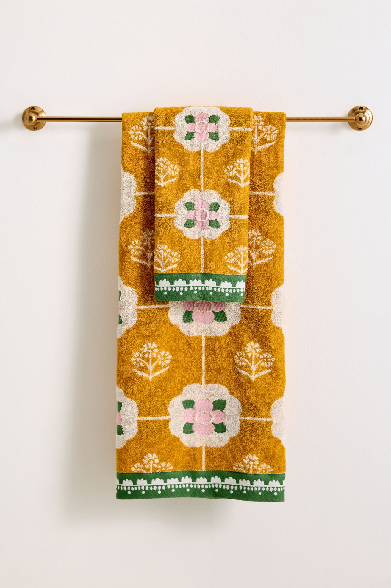 Flora Cotton Woven Floral Towel - Ochre, Bath Towel