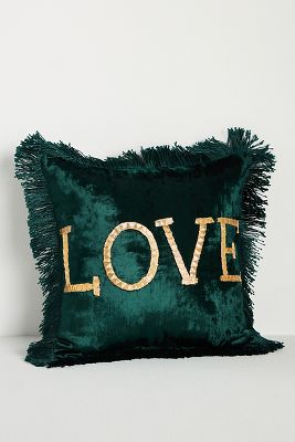 Anthropologie Mini Velvet Fringe Cushion In Green