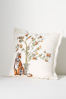 ANTHROPOLOGIE MENAGERIE EMBROIDERED COTTON & LINEN PILLOW 