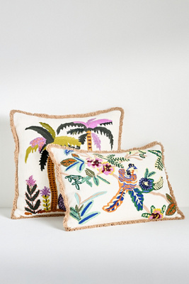 Anthropologie Stela Embroidered Cotton Fringe Pillow