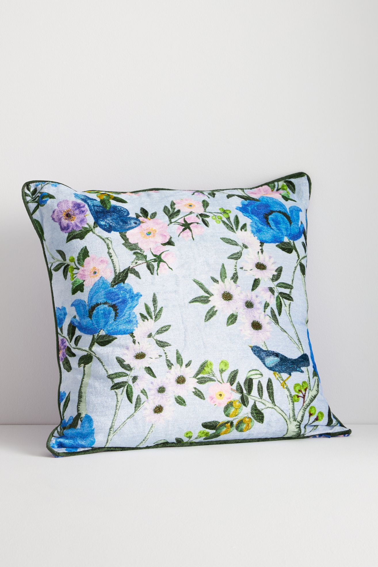 Alva Floral Cotton Velvet Pillow - Blue, 20" X 20"