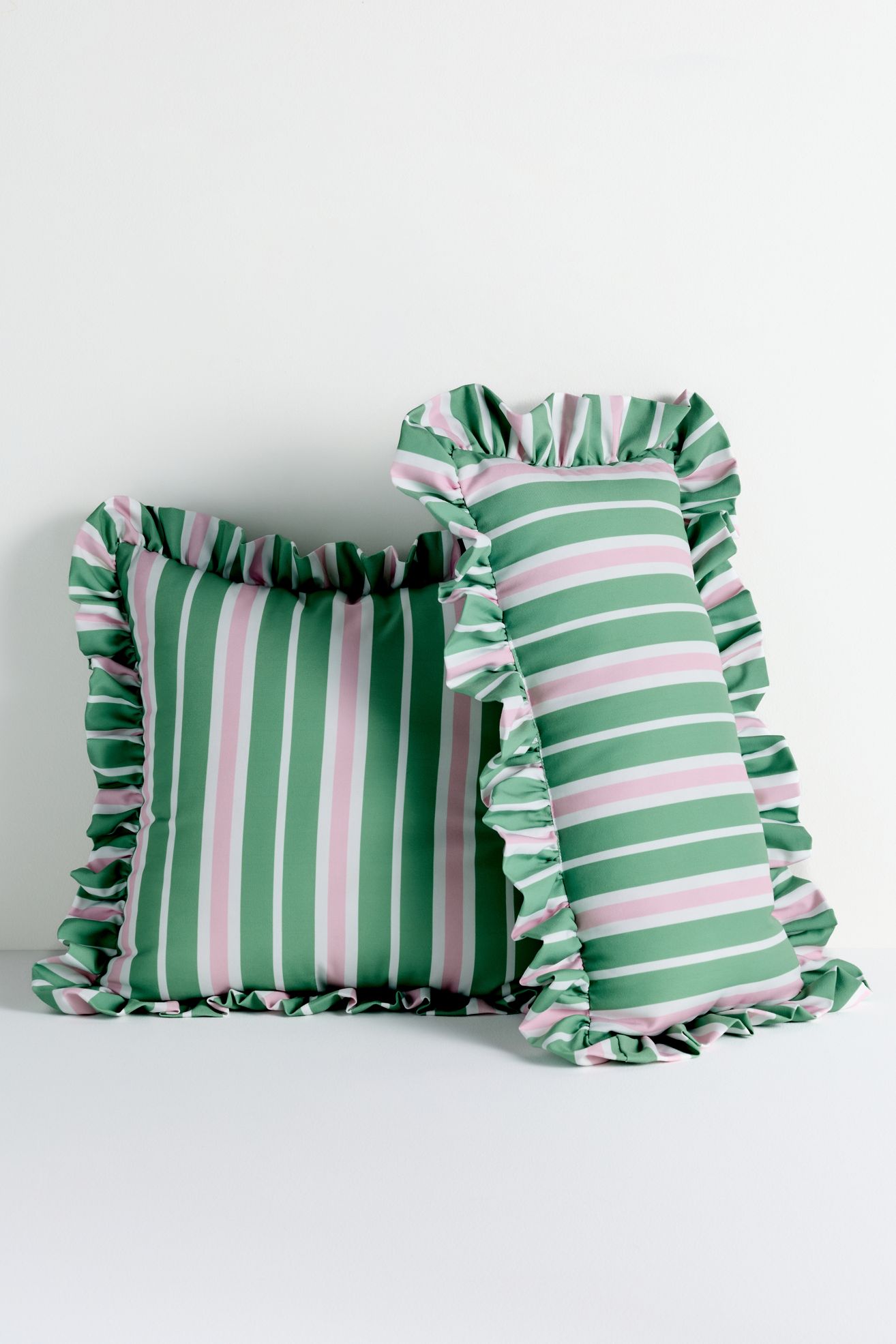 Maeve by Anthropologie Striped Ruffle Indoor/Outdoor Pillow - Pink/Green Stripe, 20" X 20"