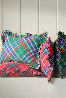 Anthropologie Tartan Cotton Embroidered Ruffle Pillow In Multi