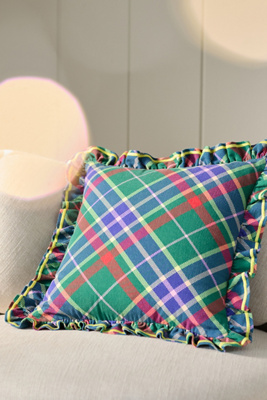 Anthropologie Tartan Cotton Embroidered Ruffle Pillow In Multi