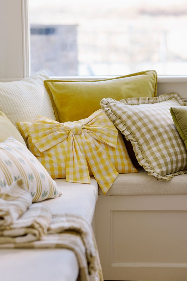Ana Cotton Gingham Printed Bow Pillow #1