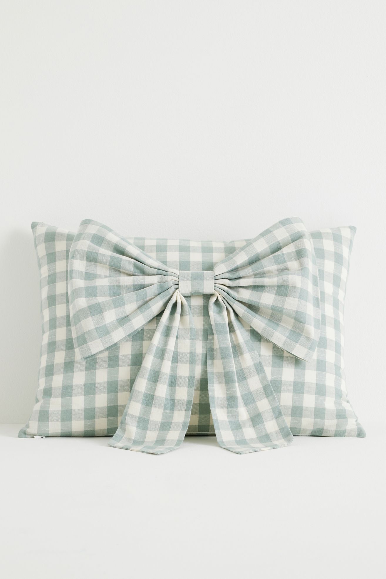 Ana Cotton Gingham Printed Bow Pillow - Duck Egg, Standard, 14" X 20"