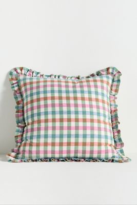 Ana Cotton Gingham Printed Ruffle Pillow