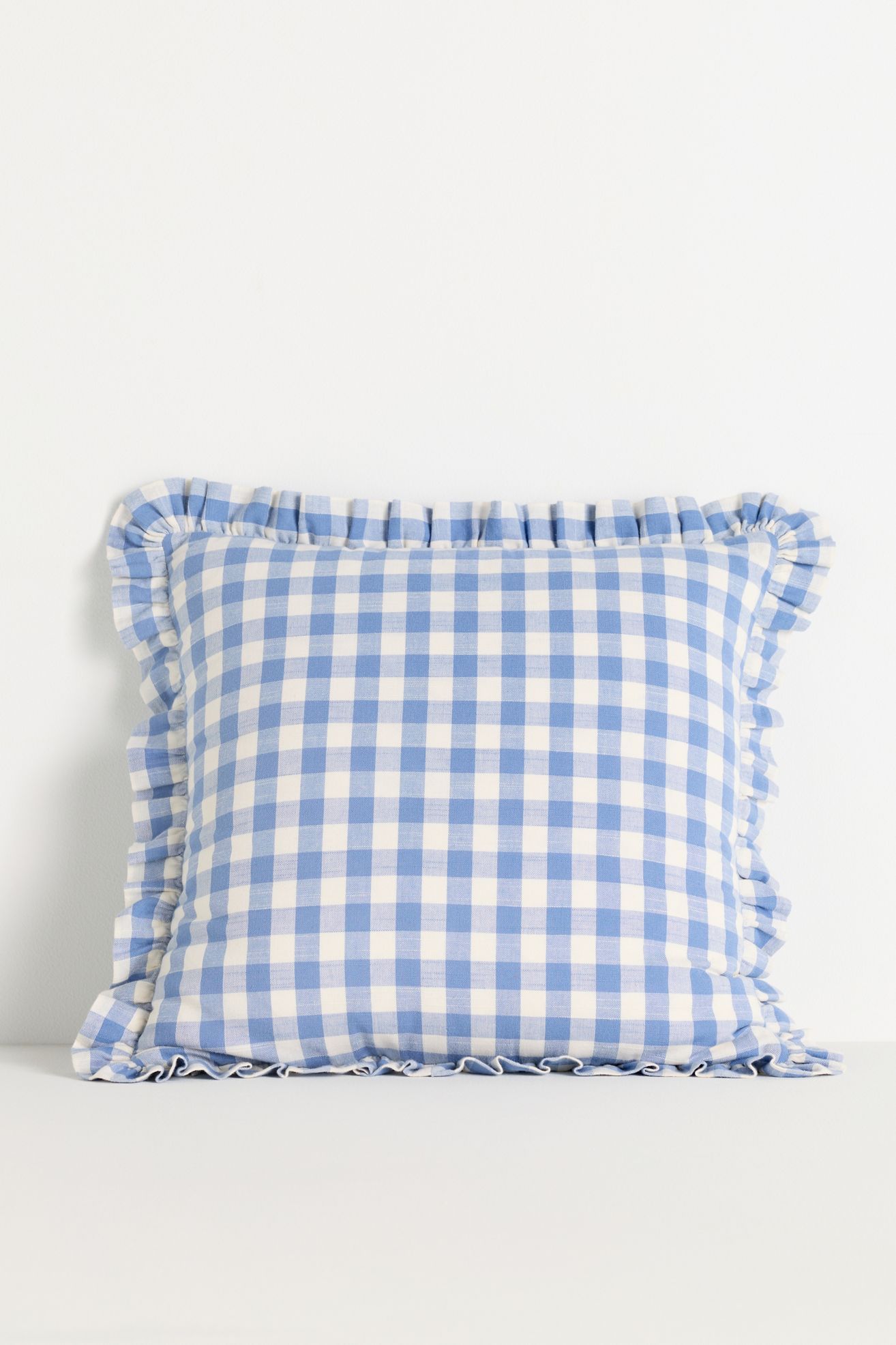 Ana Cotton Gingham Printed Ruffle Pillow - Blue, 18" X 18"