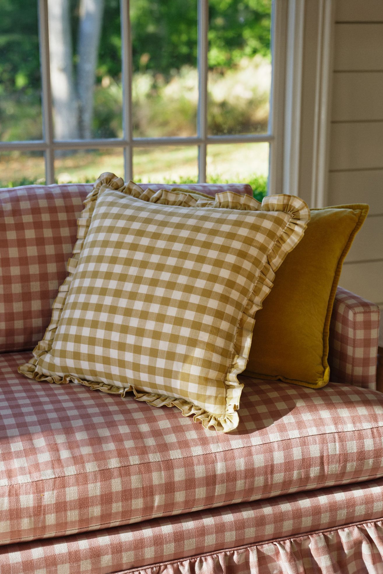 Ana Cotton Gingham Printed Ruffle Pillow - Ochre, 18" X 18"
