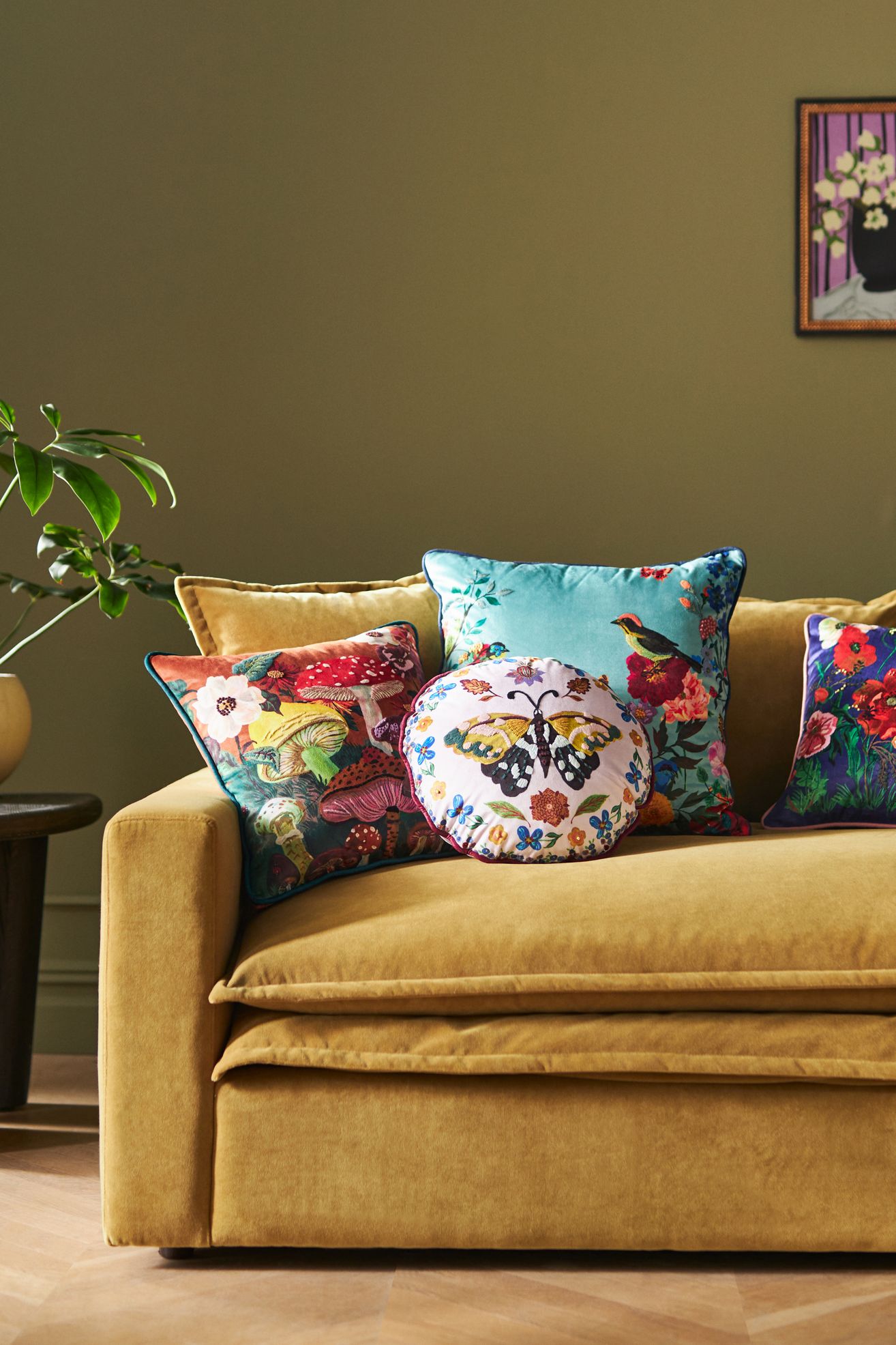 Nathalie Lete Embroidered Velvet Pillow - Mushrooms, 18" x 18"
