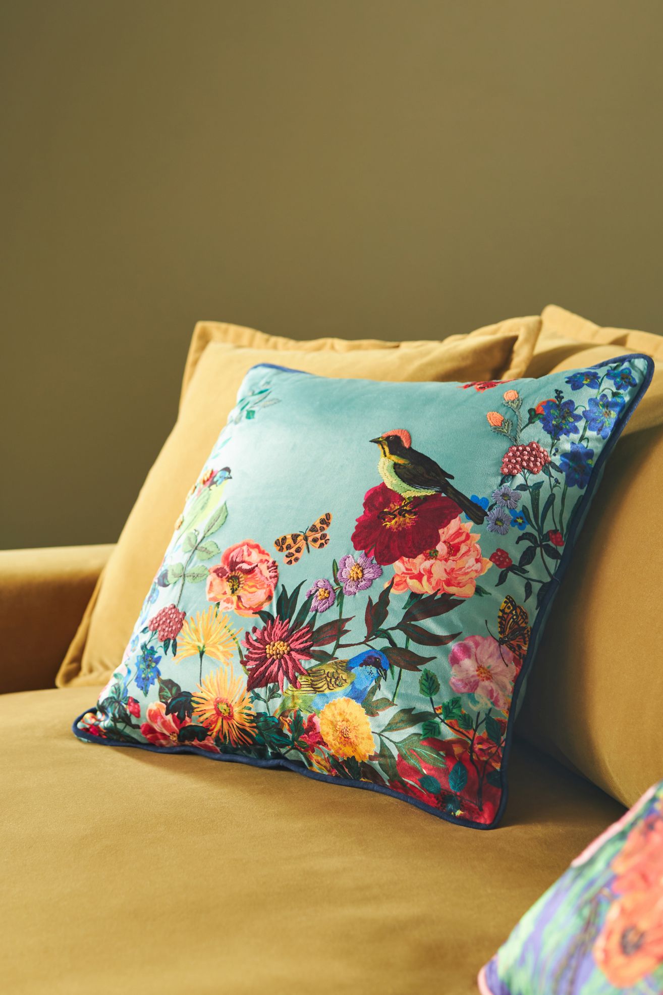Floral Bird Velvet Pillow, 20" X 20"
