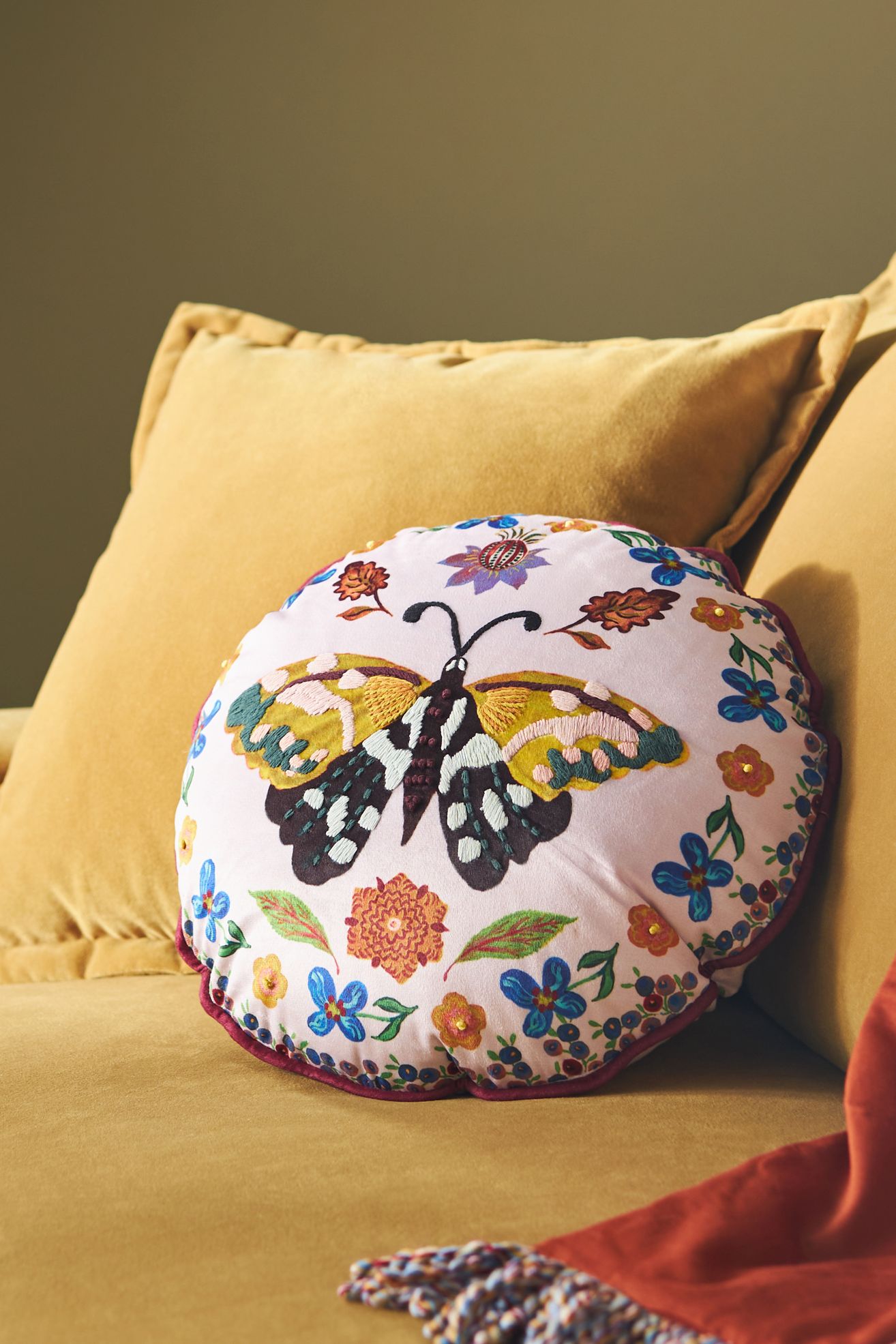 Floral Moth Velvet Pillow, 18" Diameter