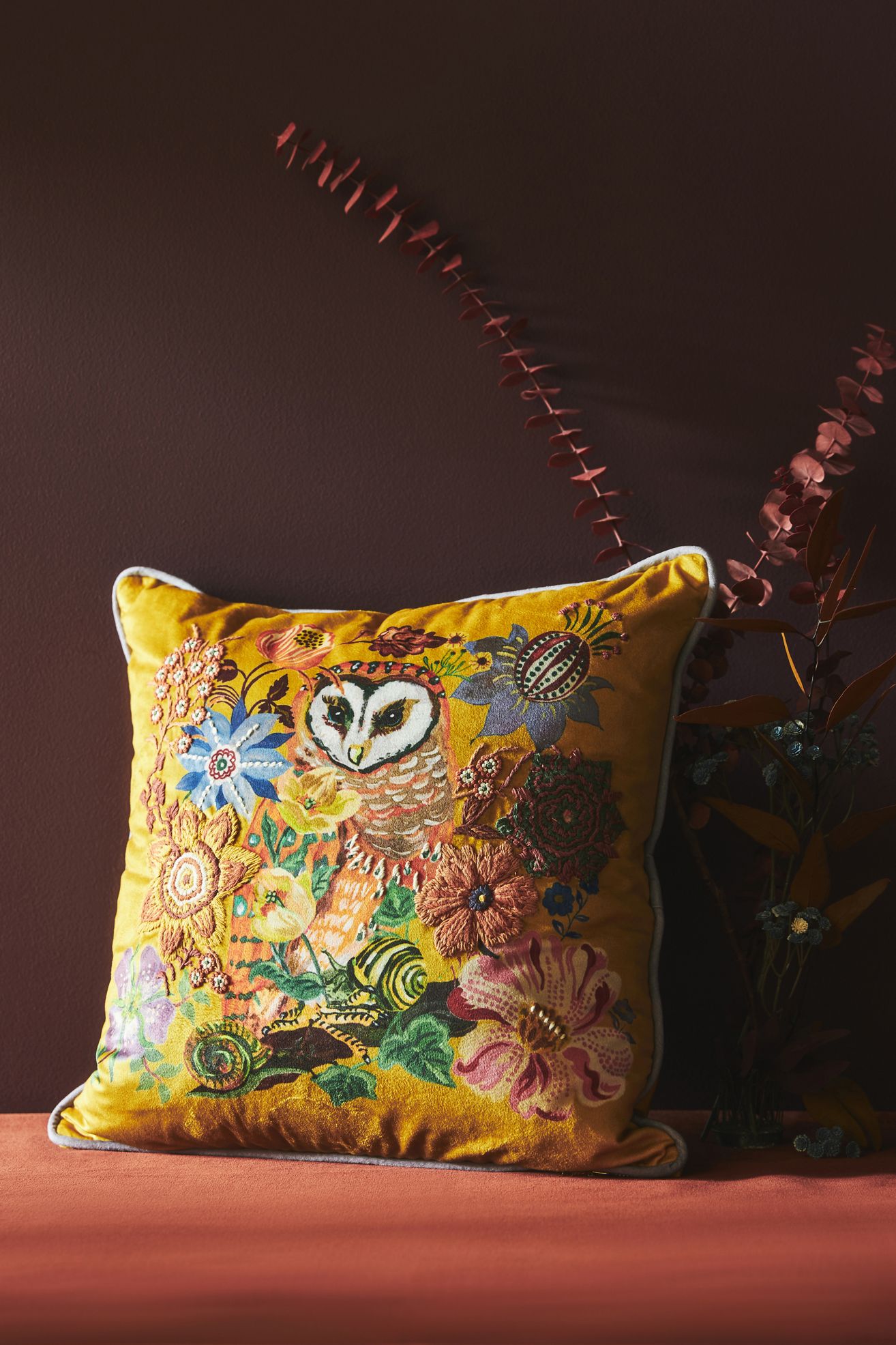 Nathalie Lete Embroidered Velvet Pillow - Floral Owl, 18" X 18"