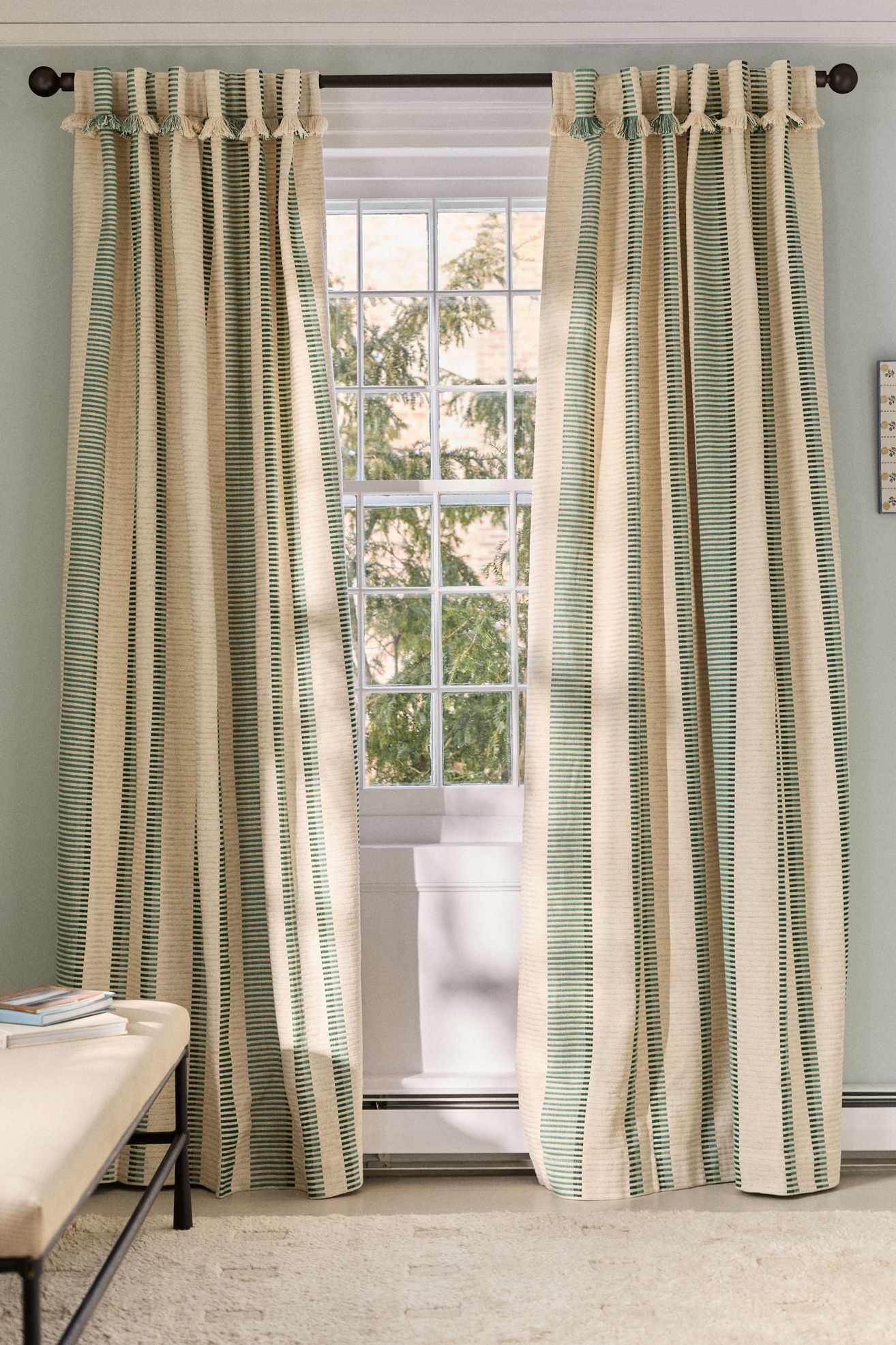 Pieced Stripe Cotton Blend Woven Curtain - Green, 84" X 50"